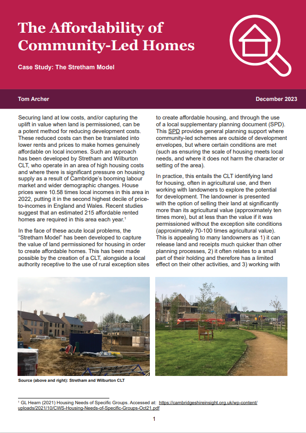 Front cover of the Affordability of Community-led Homes case study: the Stretham Model