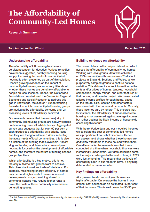 Front cover of 'The Affordability of Community-led Homes' research summary