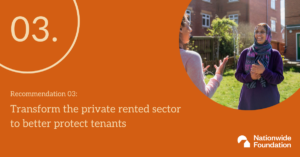 Image in the corner shows two people chatting outside some flats. The text reads: Recommendation 3: Transform the private rented sector to better protect tenants