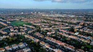 Aerial view of lots of residential streets and houses