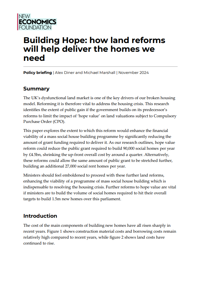 Front cover of a new report from New Economics Foundation. The front cover includes the title 'Building Hope: how land reforms will help deliver the homes we need