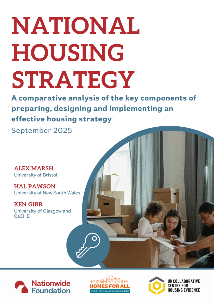 Front cover of a new report titled 'National housing strategy: A comparative analysis of the key components of preparing, designing and implementing an effective housing strategy'
